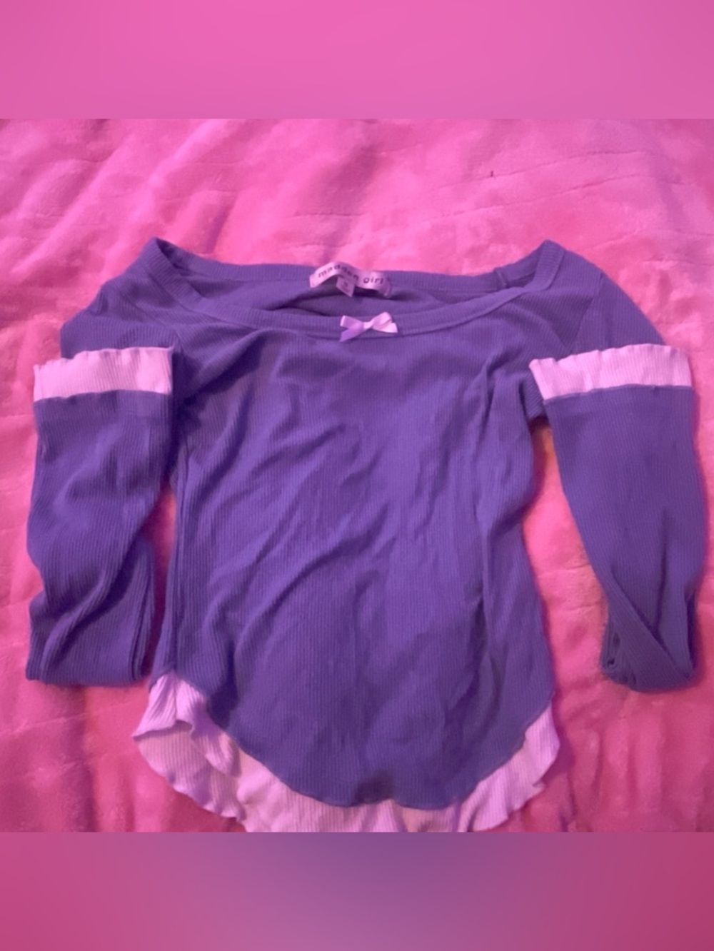 Madden Girl Purple Ribbed Long Sleeve Top with White Ruffle Trim